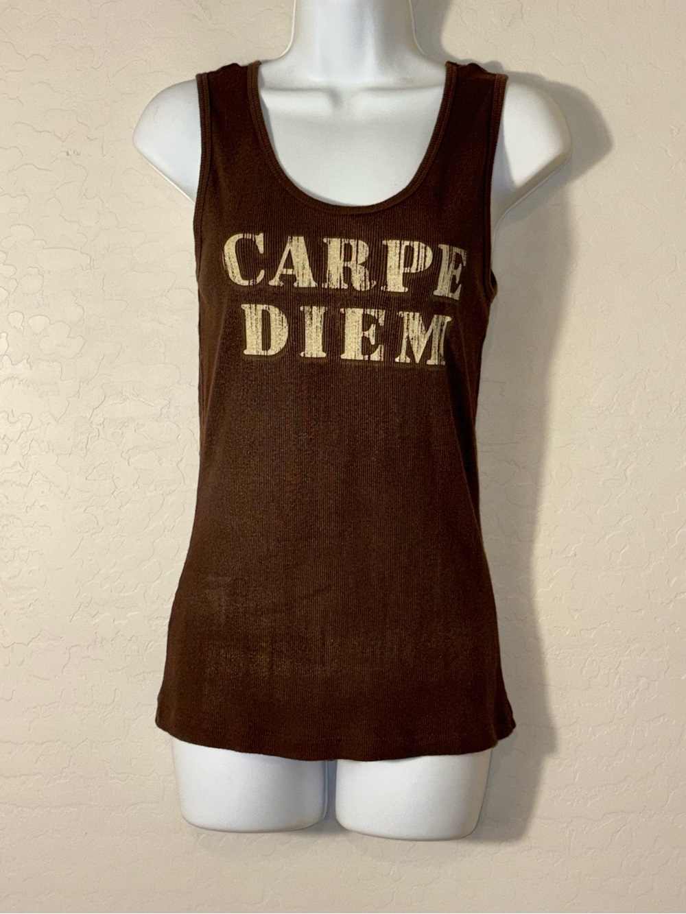 Y2K FANG Brown Ribbed Tank Top Carpe Diem Graphic Size L Vintage